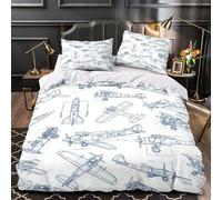 Bocetos de aviones antiguos Funda de Edredón Microfibra Suave Diseño 3D 3 Piezas Cierre de Cremallera Oculta con Fundas de Almohada Transpirable Línea Azul Funda Edredon for niños Single（140x200cm）