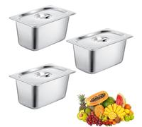 Bocguy Juego de 3 Recipientes de Acero Inoxidable, Recipiente GN 1/9, Recipiente Gastronorm, Recipiente de Acero Inoxidable con Tapa, Lavavajillas y Congelador para Queso, Carne, Plata,17,5x11x10 cm