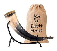 Bocina vikinga Divit con soporte de hierro | Auténtico cuerno de cerveza medieval | Adornos de latón y bolsa de regalo de arpillera incluida, capacidad de 16 onzas | El original. (cocodrilo, pulido)
