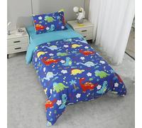 BOD HOME Juego de Sábanas Infantiles 3 Piezas, Sábana Bajera 100x200x25cm, Sábana Encimera 160x260cm, Funda Almohada 45x75cm, 100% Poliester, Diseños Divertidos, Azul Dinosaurios, Fundas Ajustables