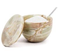 Bodega de sal con tapa y cuchara, ónix verde, soporte de sal de mármol para almacenamiento de encimera, tarro de cocina para especias, azúcar y organización del hogar