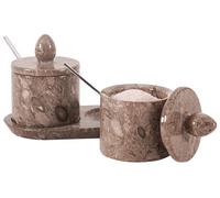 Bodega de sal de mármol con tapa y bandeja, contenedor de sal oceánico hecho a mano, juego de 2 tarros de condimentos, contenedor de almacenamiento de especias para encimera de cocina, tarros de
