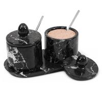 Bodega de sal de mármol con tapa y bandeja, recipiente de sal negro hecho a mano, juego de 2 tarros de condimentos, contenedor de almacenamiento de especias para encimera de cocina, tarros de especias