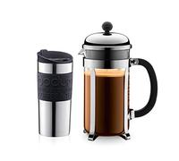 Bodum Chambord - Cafetera, 8 tazas, 1 l y Travel Mug de acero inoxidable, 0,35 l, color negro
