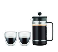 Bodum K1508-01SA-10 Bistro Set de 2 vasos PAVINA Outdoor 0.25 L + Cafetera de Pistón de plástico 8 tazas, 1 litro, negro