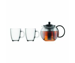 Bodum - K1805-01 - Assam - Tetera con filtro de acero inox - 1,0 l + 2 mugs de cristal - 0,35 l
