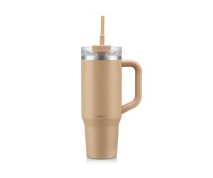 Bodum Travel Mug Tumbler 1,2 L Biscuit Beige - Metal Water Bottle with Straw, Handle and Lid - Dishwasher Safe - For Cold Drinks and Warm Coffee