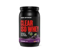Body Attack Clear Iso Whey - Blackberry, 900 g, fabricado en Alemania, aislado de proteína de suero de suero de leche, 24 g de proteína y 11.400 mg de EAA por batido de suero iso, sin azúcar ni grasa