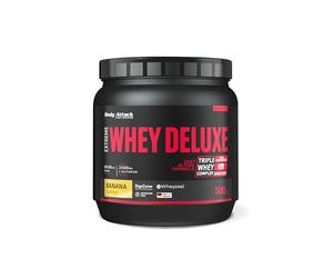 Body Attack Extreme Whey Deluxe, proteína en polvo con aminoácidos y complejo de triple suero con aislado de suero, proteína en polvo perfectamente soluble, bajo en azúcar, bajo en grasas, lata de, Crema de plátano, 500g, calidad Made in Germany