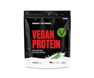 Body Attack Vegan Duo-Component Protein Neutral, 1000g de proteína vegana de dos fuentes/33 raciones, bolsa zip-lock, 9.060mg de EAAs & 4.650mg de BCAAs, sin azúcar, Made in Germany.