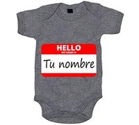 Body bebé Hello My Name Is tu nombre personalizable - Gris, Talla única 12 meses