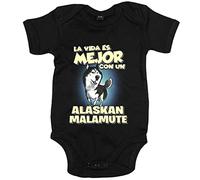 Body bebé la vida es mejor con un perro de raza Alaskan Malamute - Negro, Talla única 12 meses