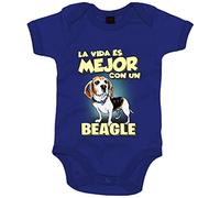 Body bebé la vida es mejor con un perro de raza Beagle - Azul Royal, Talla única 12 meses