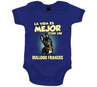 Body bebé la vida es mejor con un perro de raza Bullodg francés negro - Azul Royal, Talla única 12 meses