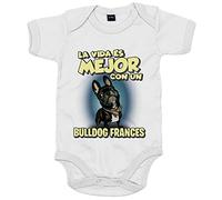 Body bebé la vida es mejor con un perro de raza Bullodg francés negro - Blanco, Talla única 12 meses