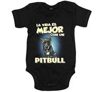Body bebé la vida es mejor con un perro de raza Pitbull negro - Negro, Talla única 12 meses