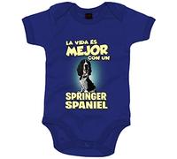 Body bebé la vida es mejor con un perro de raza Springer Spaniel blanco y negro - Azul Royal, Talla única 12 meses