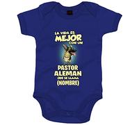 Body bebé la vida es mejor con un perro mascota Pastor Alemán que se llama personalizable con nombre - Azul Royal, Talla única 12 meses
