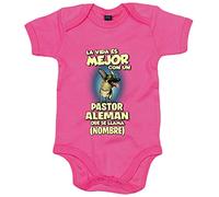Body bebé la vida es mejor con un perro mascota Pastor Alemán que se llama personalizable con nombre - Rosa, Talla única 12 meses
