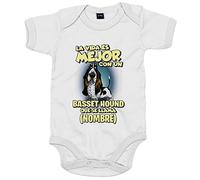 Body bebé la vida es mejor con un perro raza Basset Hound blanco y negro que se llama personalizable con nombre - Blanco, Talla única 12 meses