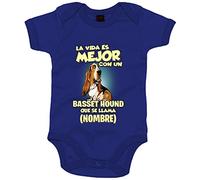 Body bebé la vida es mejor con un perro raza Basset Hound que se llama personalizable con nombre - Azul Royal, Talla única 12 meses