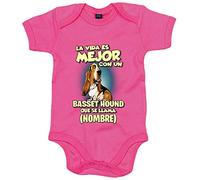 Body bebé la vida es mejor con un perro raza Basset Hound que se llama personalizable con nombre - Rosa, Talla única 12 meses