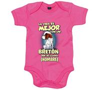 Body bebé la vida es mejor con un perro raza Breton que se llama personalizable con nombre - Rosa, Talla única 12 meses