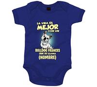 Body bebé la vida es mejor con un perro raza Bulldog francés blanco que se llama personalizable con nombre - Azul Royal, Talla única 12 meses