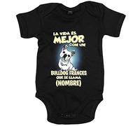 Body bebé la vida es mejor con un perro raza Bulldog francés blanco que se llama personalizable con nombre - Negro, Talla única 12 meses