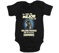 Body bebé la vida es mejor con un perro raza Bulldog francés negro que se llama personalizable con nombre - Negro, Talla única 12 meses