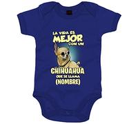 Body bebé la vida es mejor con un perro raza Chihuahua canela que se llama personalizable con nombre - Azul Royal, Talla única 12 meses