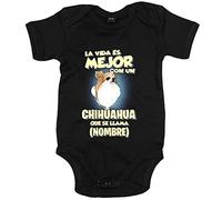 Body bebé la vida es mejor con un perro raza Chihuahua pelo largo que se llama personalizable con nombre - Negro, Talla única 12 meses