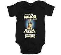 Body bebé la vida es mejor con un perro raza Lebrel Afgano que se llama personalizable con nombre - Negro, Talla única 12 meses