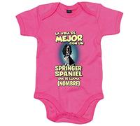 Body bebé la vida es mejor con un perro raza Springer Spaniel negro que se llama personalizable con nombre - Rosa, Talla única 12 meses