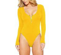 Body Cuello Redondo para Mujer Body De Manga Larga Señoras Mono Leotardo Bodycon Jumpsuit Bodysuit Naranja Amarillo S