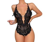 Body de encaje y cinta lisa Lencería para mujer barata transparente vientre plano moda combinación cómoda espalda descubierta gran tamaño transpirable sexy push up ropa para looks sensuales, Negro