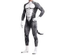 Body de Halloween Hombres con Músculos y Estampado de Animales Ajustado Catsuit de Cuerpo Entero con Disfraz Completo y Cola Impresión Traje de Mascota Mono Peludo para Cosplay Fiesta de Halloween