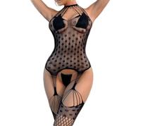 Body de malla para mujer con cuello halter con estampado de puntos y liguero integrado, sexy y malla