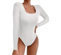 Body de Manga Larga con Cuello Cuadrado para Mujer Camisas Sexy con Tanga Sujetador con Y Relleno Sujetador Reductor Copa C (White, L)