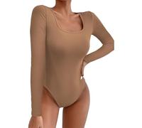 Body de Manga Larga con Cuello Cuadrado para Mujer Camisas Sexy con Tanga Sujetador con Y Relleno Sujetador Reductor Copa C (Khaki, L)