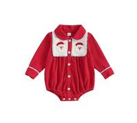 Body de Manga Larga con Solapa y Bordado de Papá Noel para Niñas Pequeñas Conjunto Informal Bebés Mono Navideño Otoño (Red2, 12-18 Months)