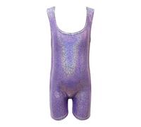 Body de Tirantes con Lentejuelas y Shorts para Niñas Traje de Malla Sin Mangas para Danza Gimnasia Performance Ropa Deportiva Elástica Cómoda (Purple, 130)