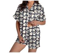Body Dessous Offener Schritt Damen, kurzärmliges Set mit V-Ausschnitt Shorts Schlafanzug Damen (Grey, L)