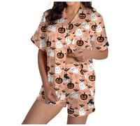 Body Dessous Offener Schritt Damen, kurzärmliges Set mit V-Ausschnitt Shorts Schlafanzug Damen (Khaki, L)