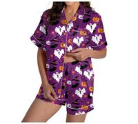Body Dessous Offener Schritt Damen, kurzärmliges Set mit V-Ausschnitt Shorts Schlafanzug Damen (Purple, XXL)