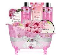 Cesta Regalo Mujer, Body & Earth Set de Baño Mujer con Bañera de Plástico de 8 Piezas con Fragancia a Flor de Cerezo y Jazmín Kit de Baño Mujer Perfecto Regalo o Relajante para Mujer, Hogar o Festival