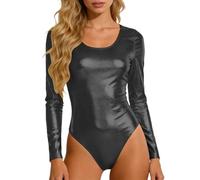 Body Elegante y Brillante con Mangas largas: Mono de Vinilo Que realza la Figura para Trajes de baño y Ropa de Resort contemporáneos. (Black, S)