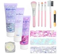 Body Glitter Gel 3 x 50 ml Set con 5 X Pinceles 1 X Eyeshadow Brush Festival Cara Glitter Festival Cara Festival Cara para Cara Cabello Labios Uñas Maquillaje Cosméticos Festival Fiesta