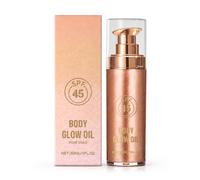 Body Glow Oil SPF 45 30 ml, aceite corporal brillante de bronce con protección solar, aceite corporal resistente al agua, ligero brillo para brazos, piernas, hombros y escote, acabado en oro rosa