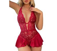 Body Lencería Picardias Encaje Sexy Mujer, Bodysuit Babydoll Cordones Halter,Camisón Transparente,Ropa Interior Malla Cuello V,Mini Vestido Hueco Ropa Dormir Una Pieza de San Valentín (Borgoña)